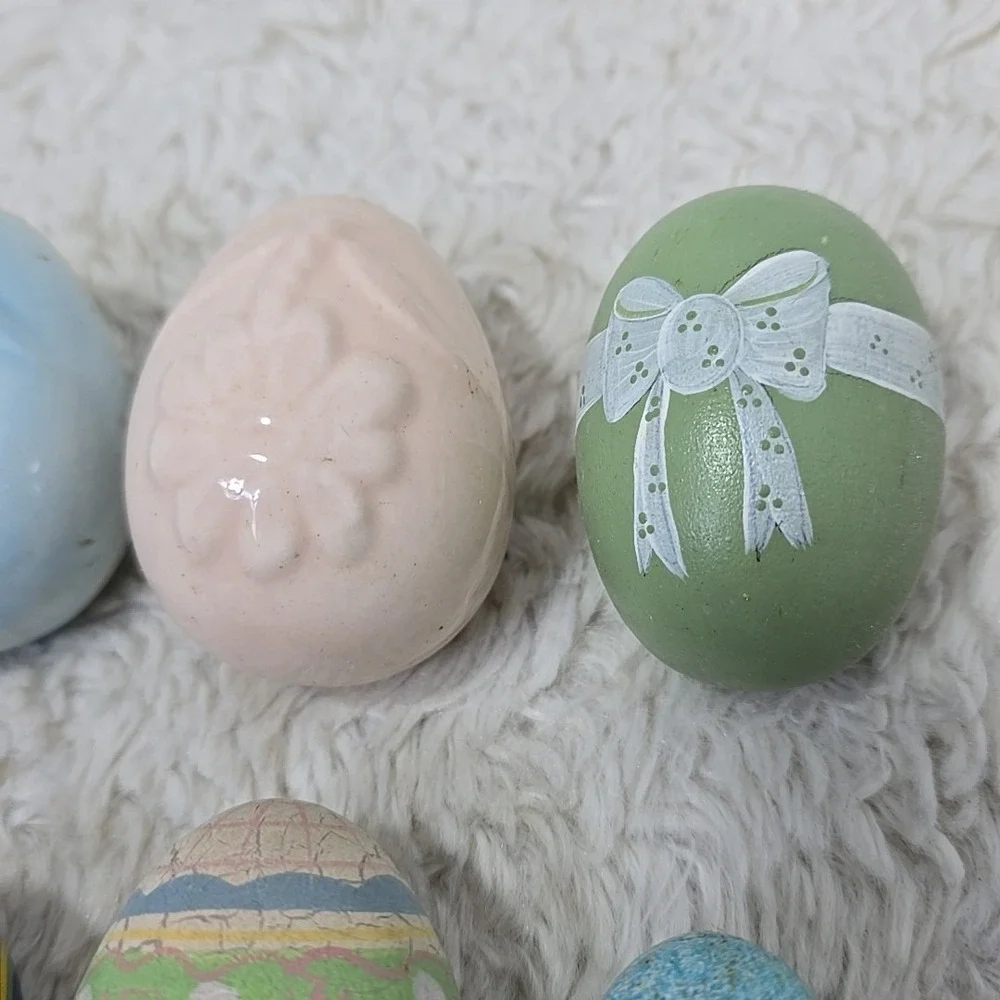 Vintage Easter Egg Tree Ornaments Lot of 10 Hand Painted Wooden Ceramic European